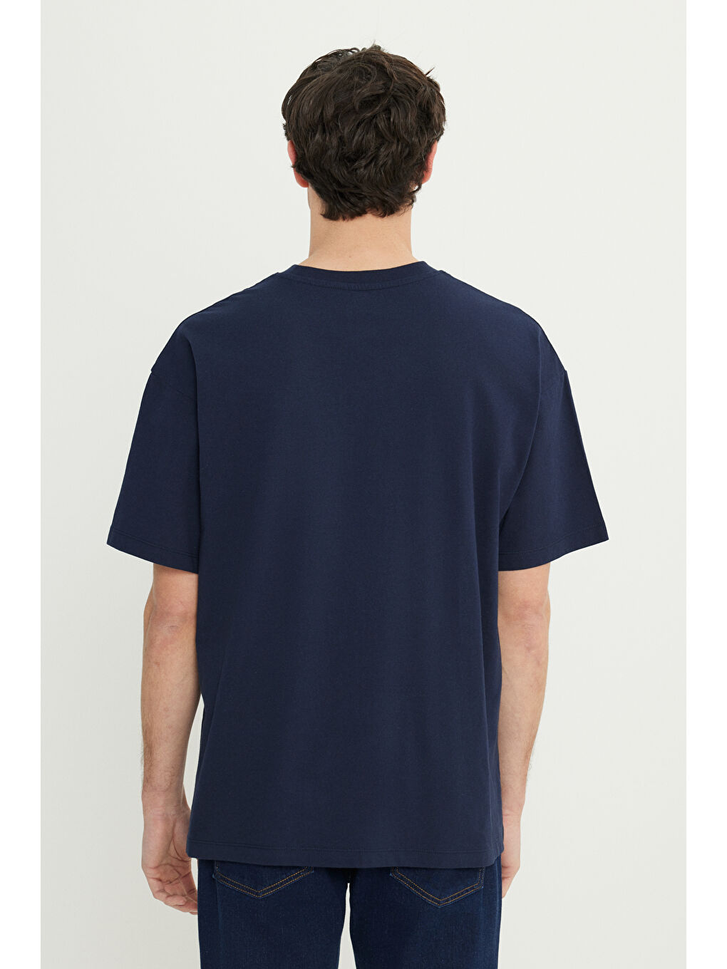 Erkek Lacivert-Kırmızı Oversize %100 Pamuk Geniş Kesim Baskılı Bisiklet Yaka Tişört-4