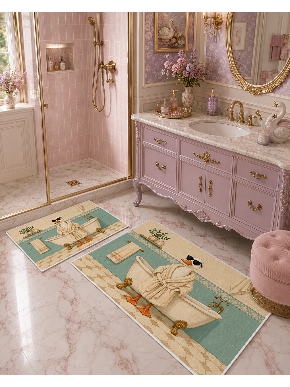 Ekru Krem Mint Köpek Desenli Kaymaz Taban Banyo Paspası 2’li Set Dekoratif Banyo Halısı