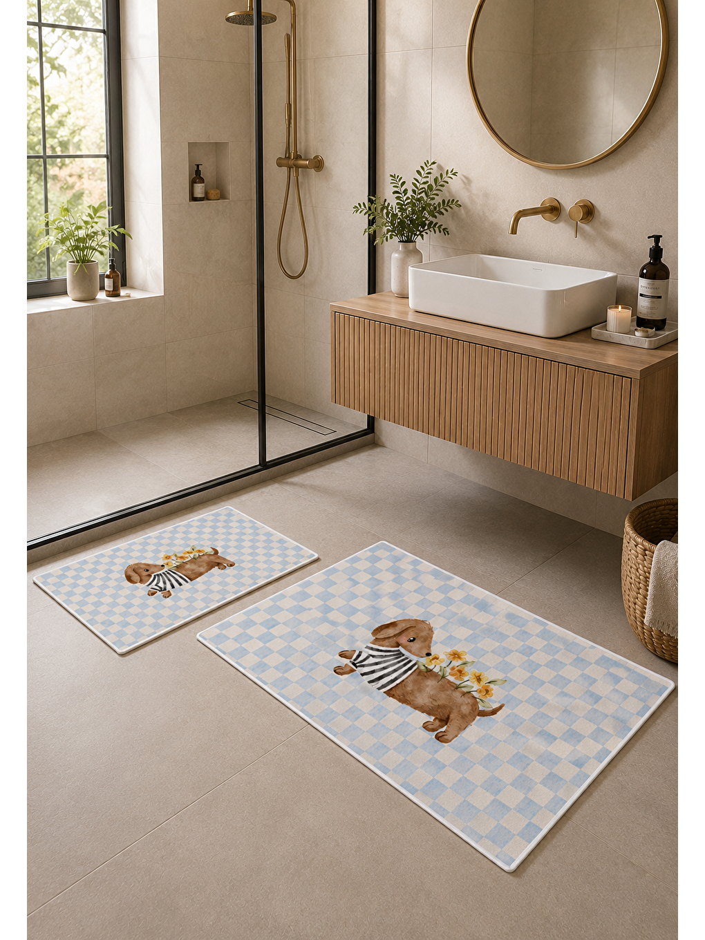 Kedi Desenli Kaymaz Taban Banyo Paspası 2’li Set Mavi Beyaz Kareli Çocuk Banyo Halısı-1