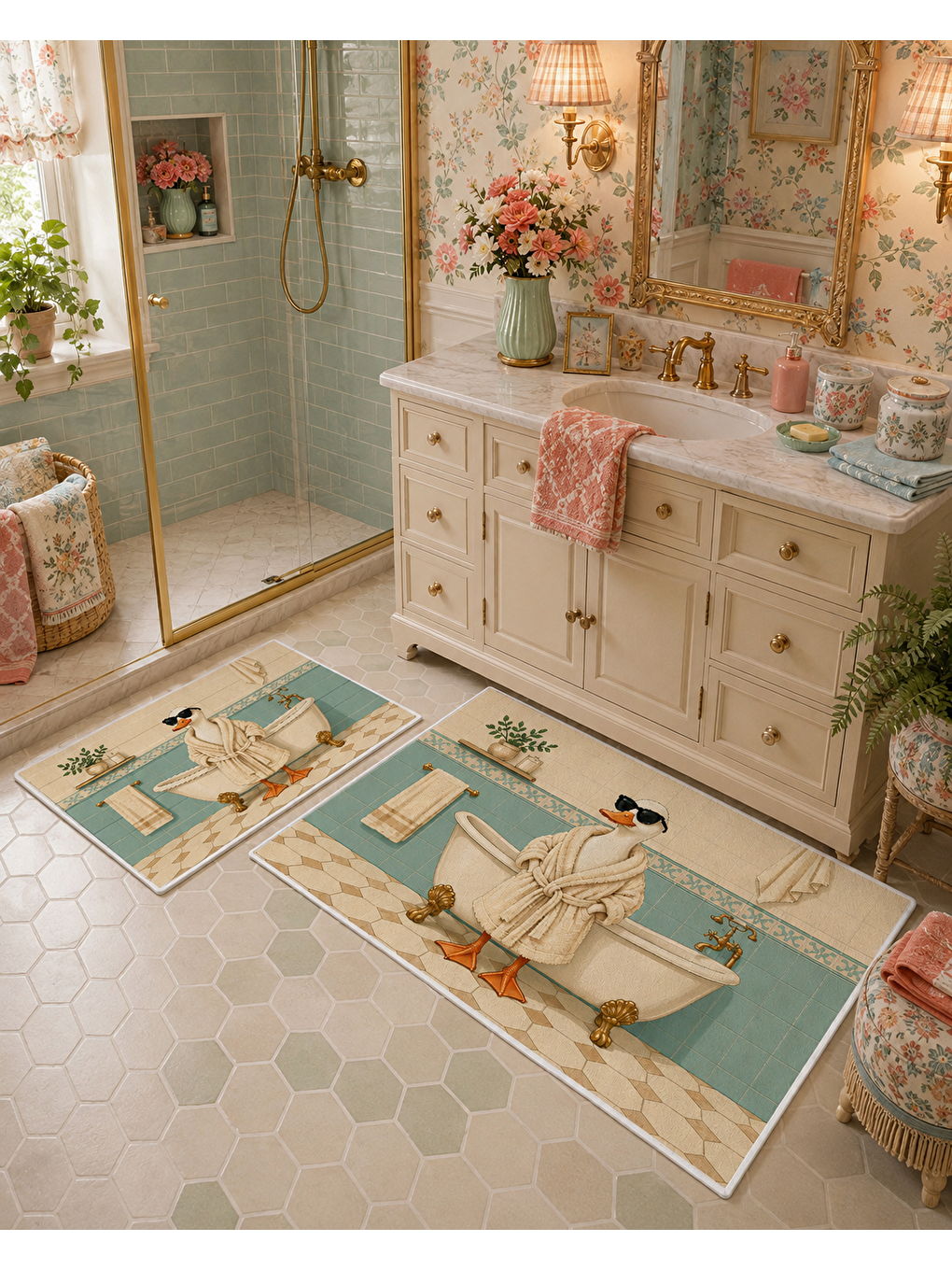 Ekru Krem Mint Köpek Desenli Kaymaz Taban Banyo Paspası 2’li Set Dekoratif Banyo Halısı-1
