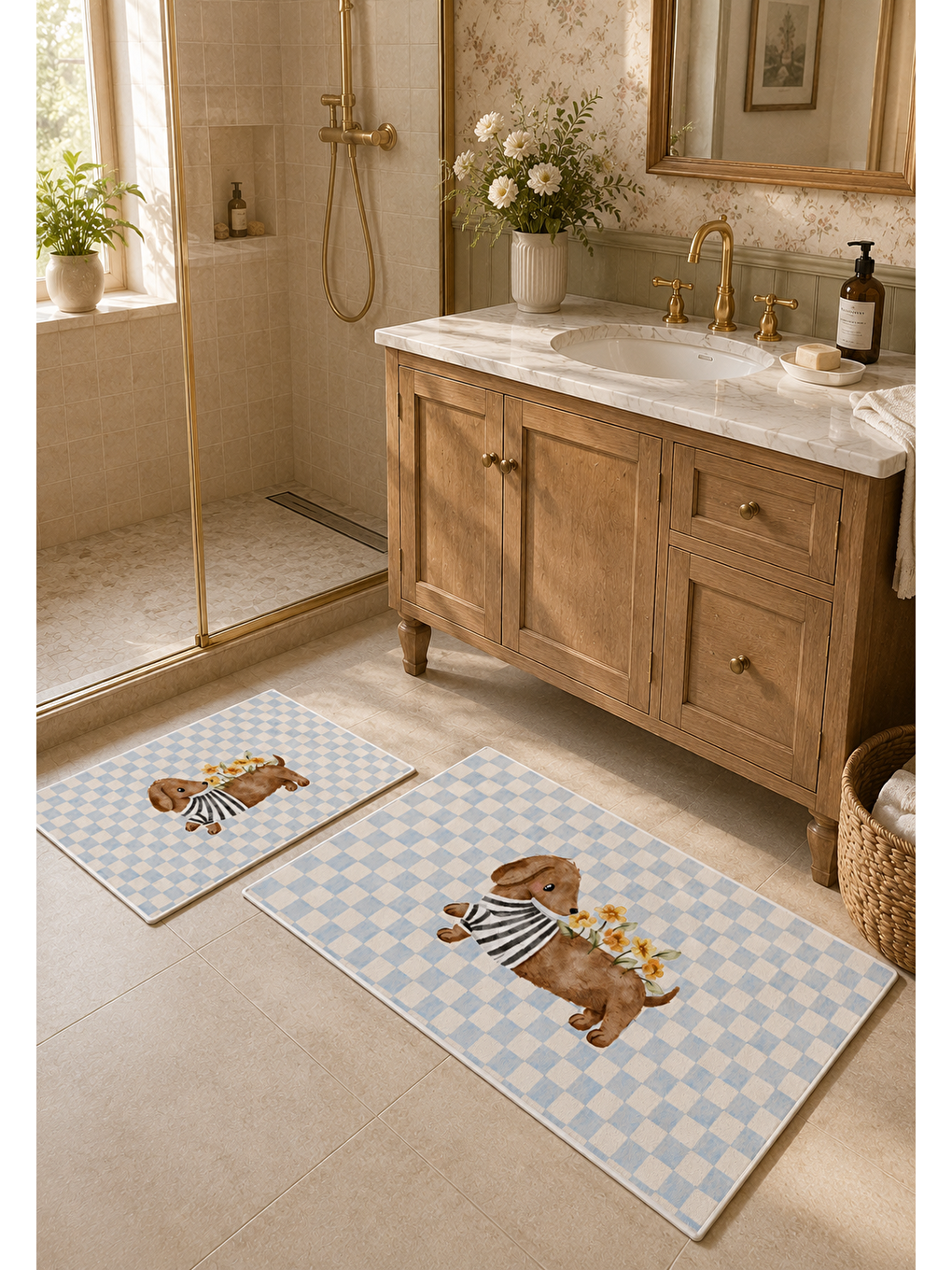 Kedi Desenli Kaymaz Taban Banyo Paspası 2’li Set Mavi Beyaz Kareli Çocuk Banyo Halısı-2