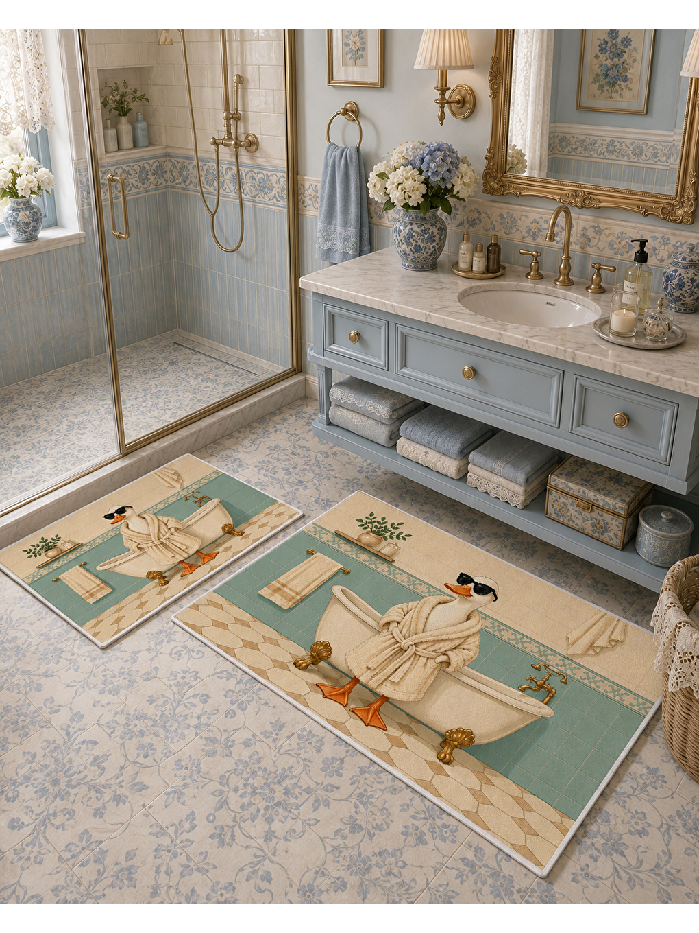 Ekru Krem Mint Köpek Desenli Kaymaz Taban Banyo Paspası 2’li Set Dekoratif Banyo Halısı-2