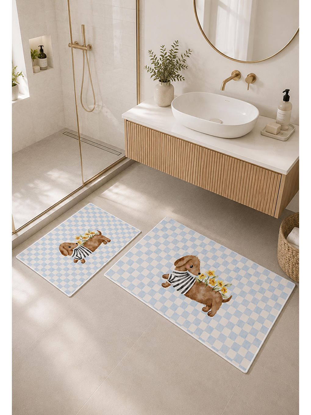 Kedi Desenli Kaymaz Taban Banyo Paspası 2’li Set Mavi Beyaz Kareli Çocuk Banyo Halısı-3