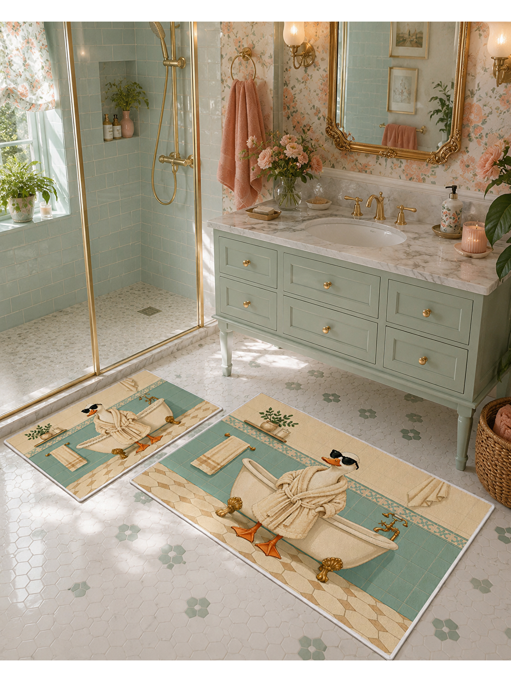 Ekru Krem Mint Köpek Desenli Kaymaz Taban Banyo Paspası 2’li Set Dekoratif Banyo Halısı-3