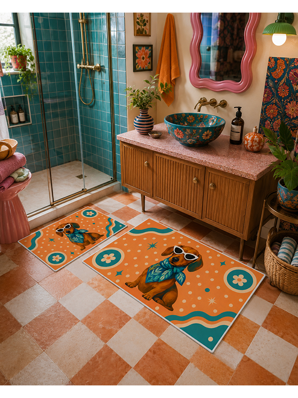 Turuncu Mavi Köpek Desenli Kaymaz Taban Banyo Paspası 2’li Set Renkli Banyo Halısı-6