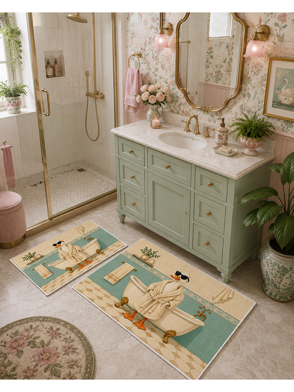 Ekru Krem Mint Köpek Desenli Kaymaz Taban Banyo Paspası 2’li Set Dekoratif Banyo Halısı-4