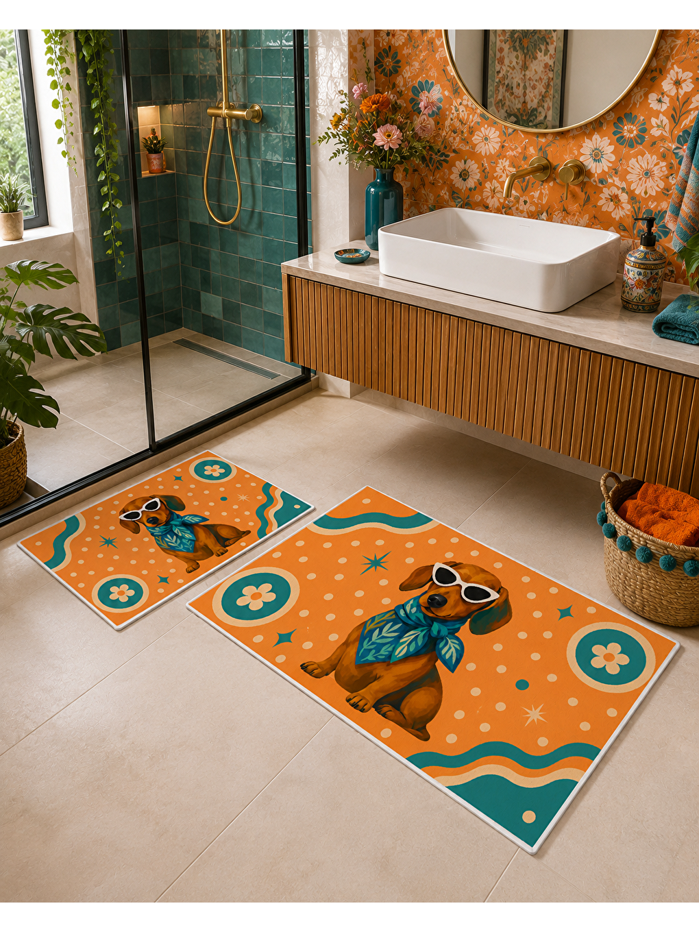 Turuncu Mavi Köpek Desenli Kaymaz Taban Banyo Paspası 2’li Set Renkli Banyo Halısı-7