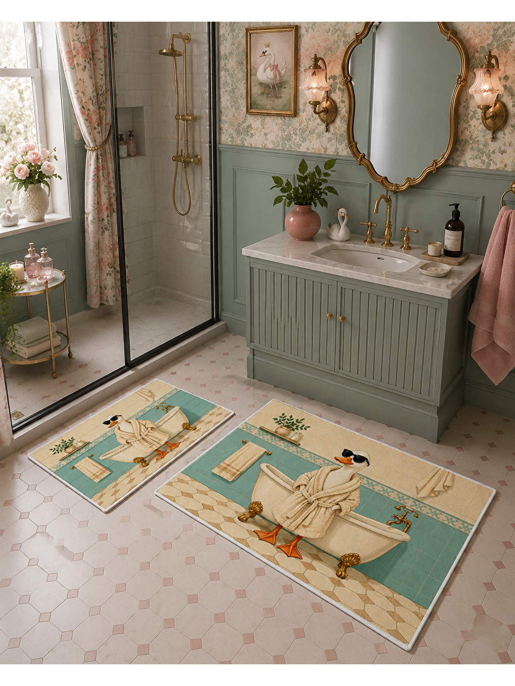 Ekru Krem Mint Köpek Desenli Kaymaz Taban Banyo Paspası 2’li Set Dekoratif Banyo Halısı-5