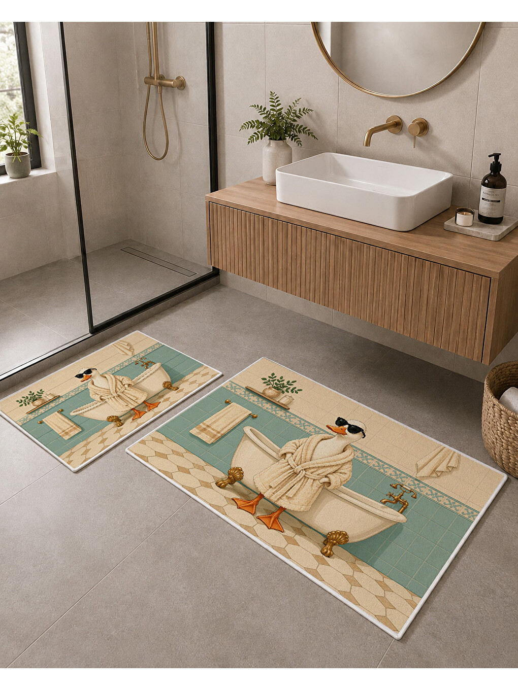 Ekru Krem Mint Köpek Desenli Kaymaz Taban Banyo Paspası 2’li Set Dekoratif Banyo Halısı-6