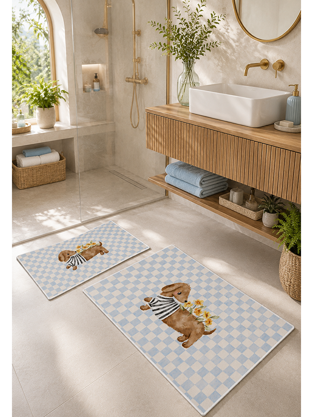 Kedi Desenli Kaymaz Taban Banyo Paspası 2’li Set Mavi Beyaz Kareli Çocuk Banyo Halısı-4