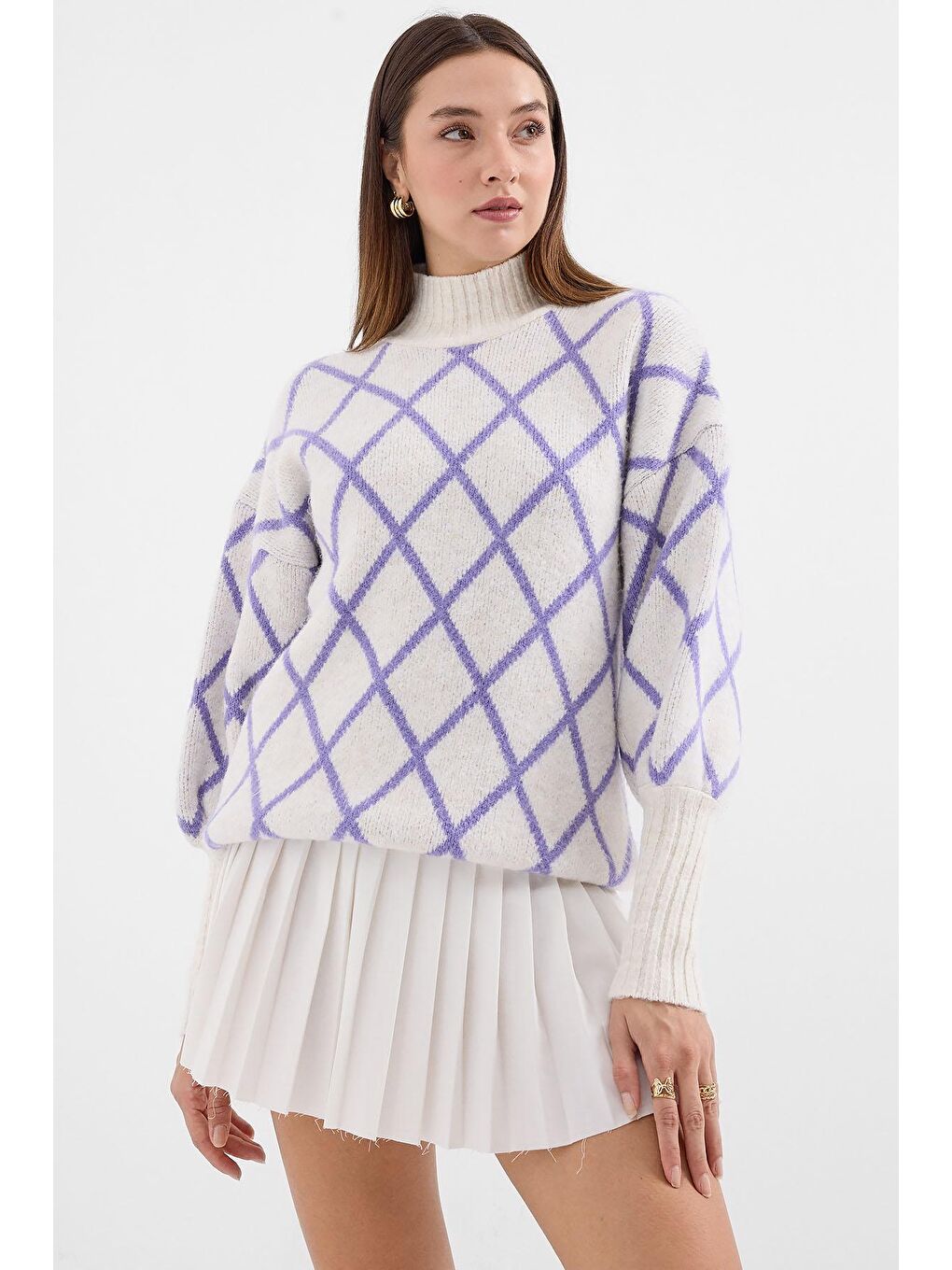 15889 Balıkçı Yaka Oversize Triko Kazak - Lila