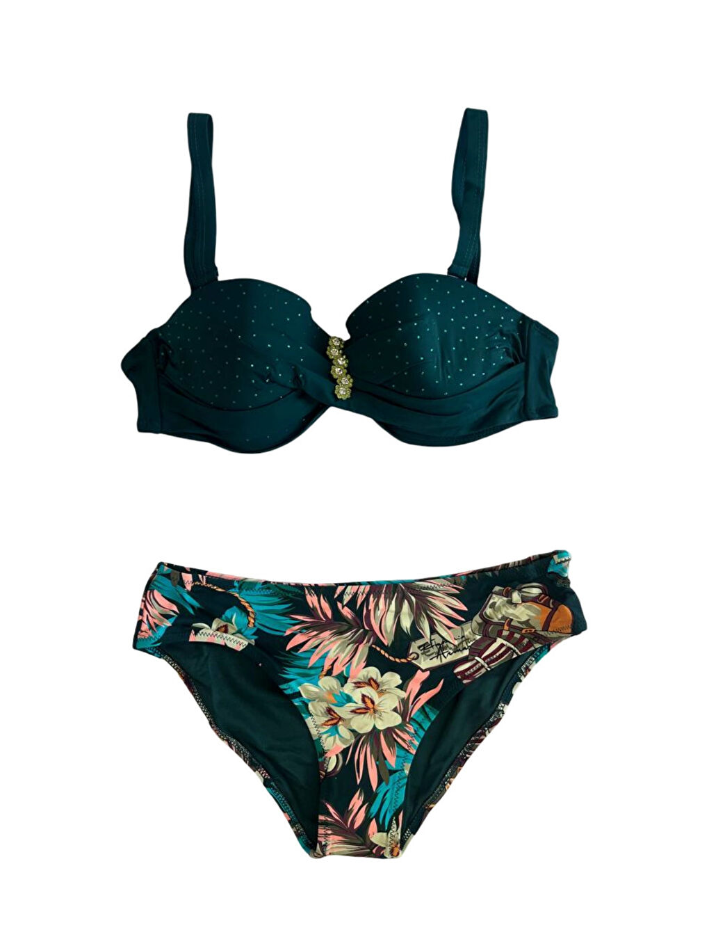 Kadın Zümrüt Yeşil Taş İşlemeli Aksesuar Detaylı Astarlı Bikini Takımı HZL25S-LC4005-1