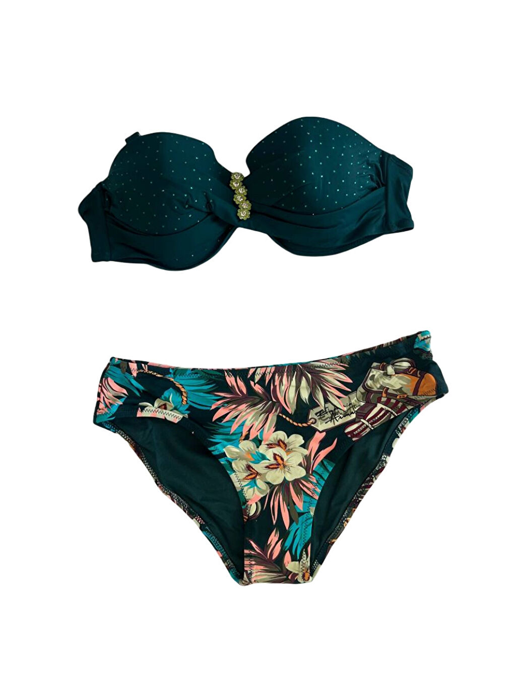 Kadın Zümrüt Yeşil Taş İşlemeli Aksesuar Detaylı Astarlı Bikini Takımı HZL25S-LC4005-2