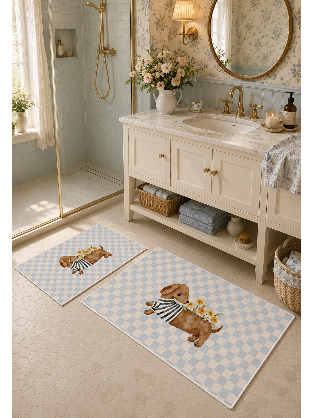 Kedi Desenli Kaymaz Taban Banyo Paspası 2’li Set Mavi Beyaz Kareli Çocuk Banyo Halısı-5