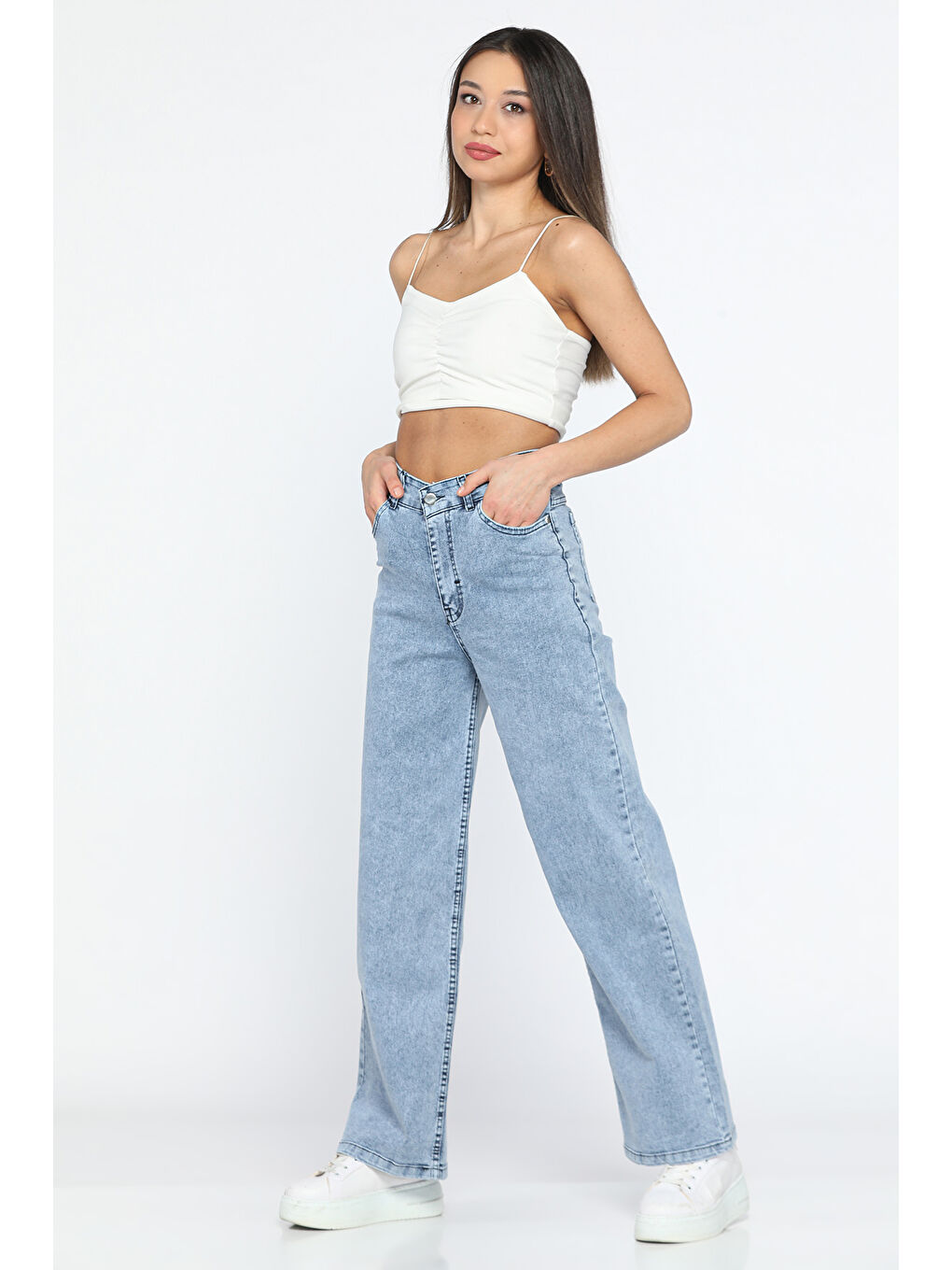 Mavi Yüksek Bel Elastanlı Kadın Palazzo Jean Pantolon-1