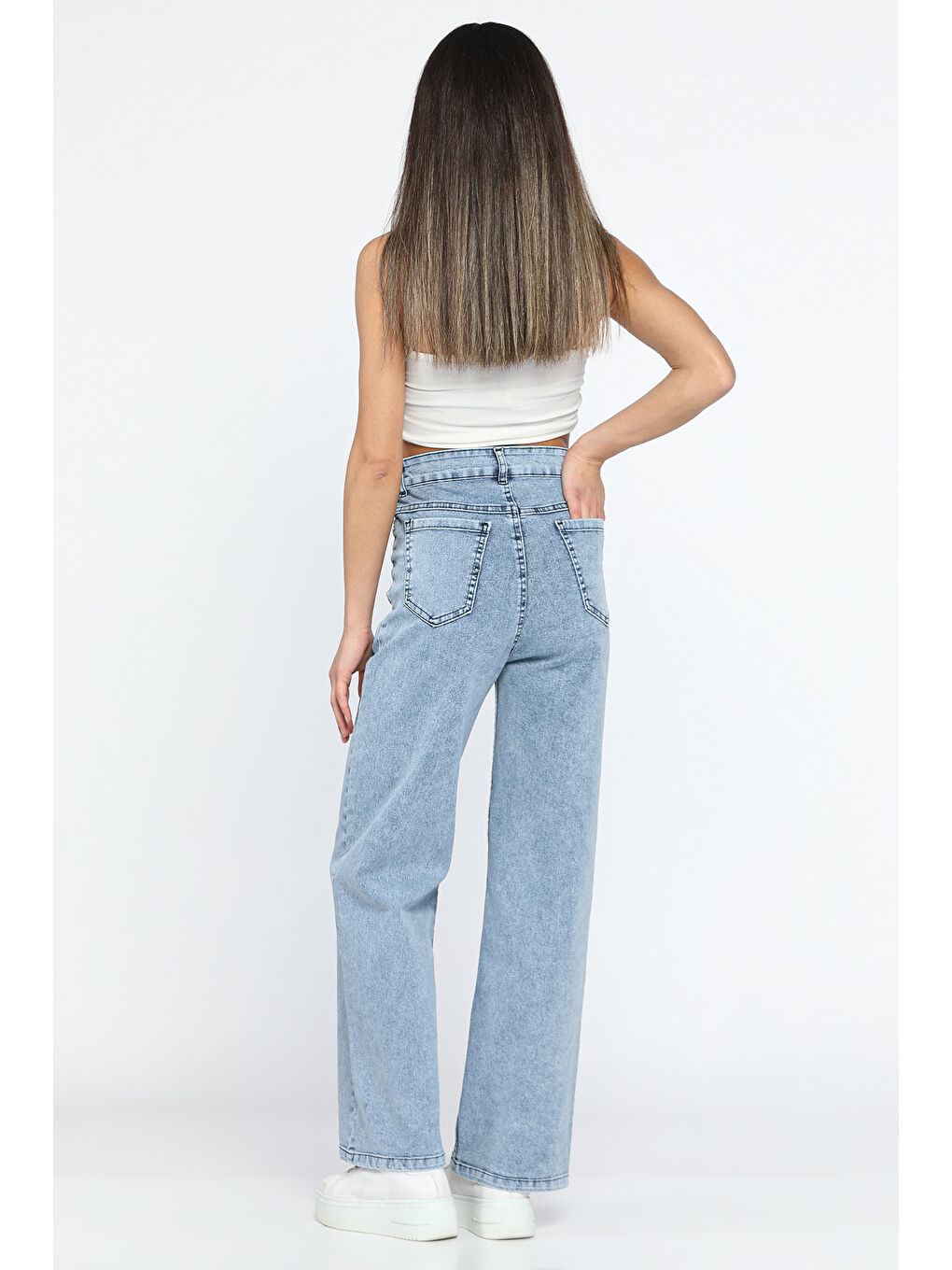 Mavi Yüksek Bel Elastanlı Kadın Palazzo Jean Pantolon-2