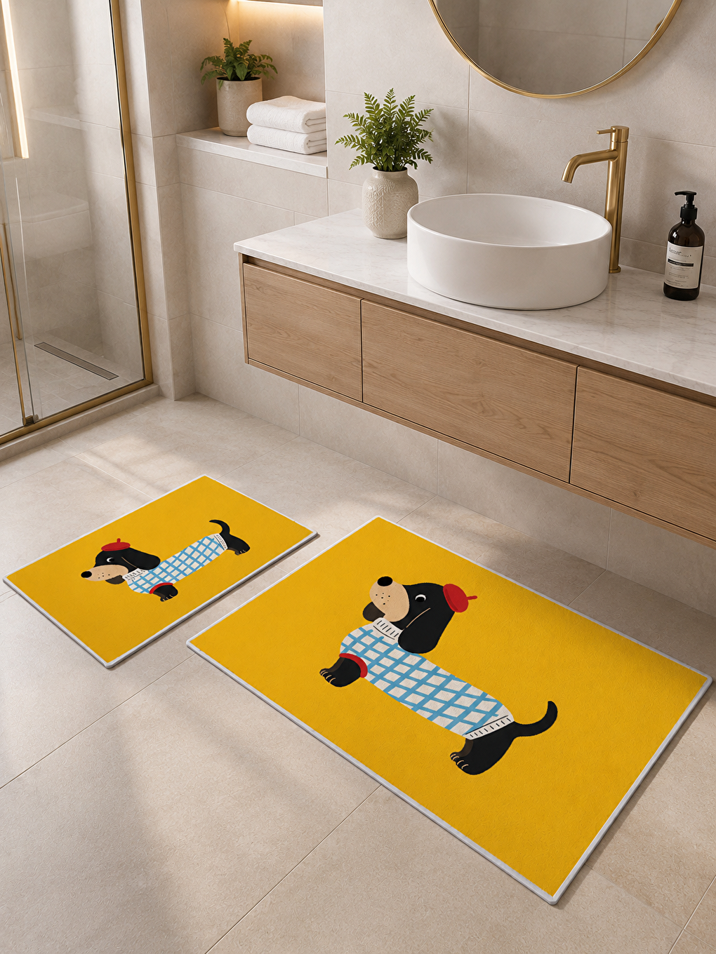 Sarı Kız Figürlü Kaymaz Taban Banyo Paspası 2’li Set Modern Çocuk Banyo Halısı-6