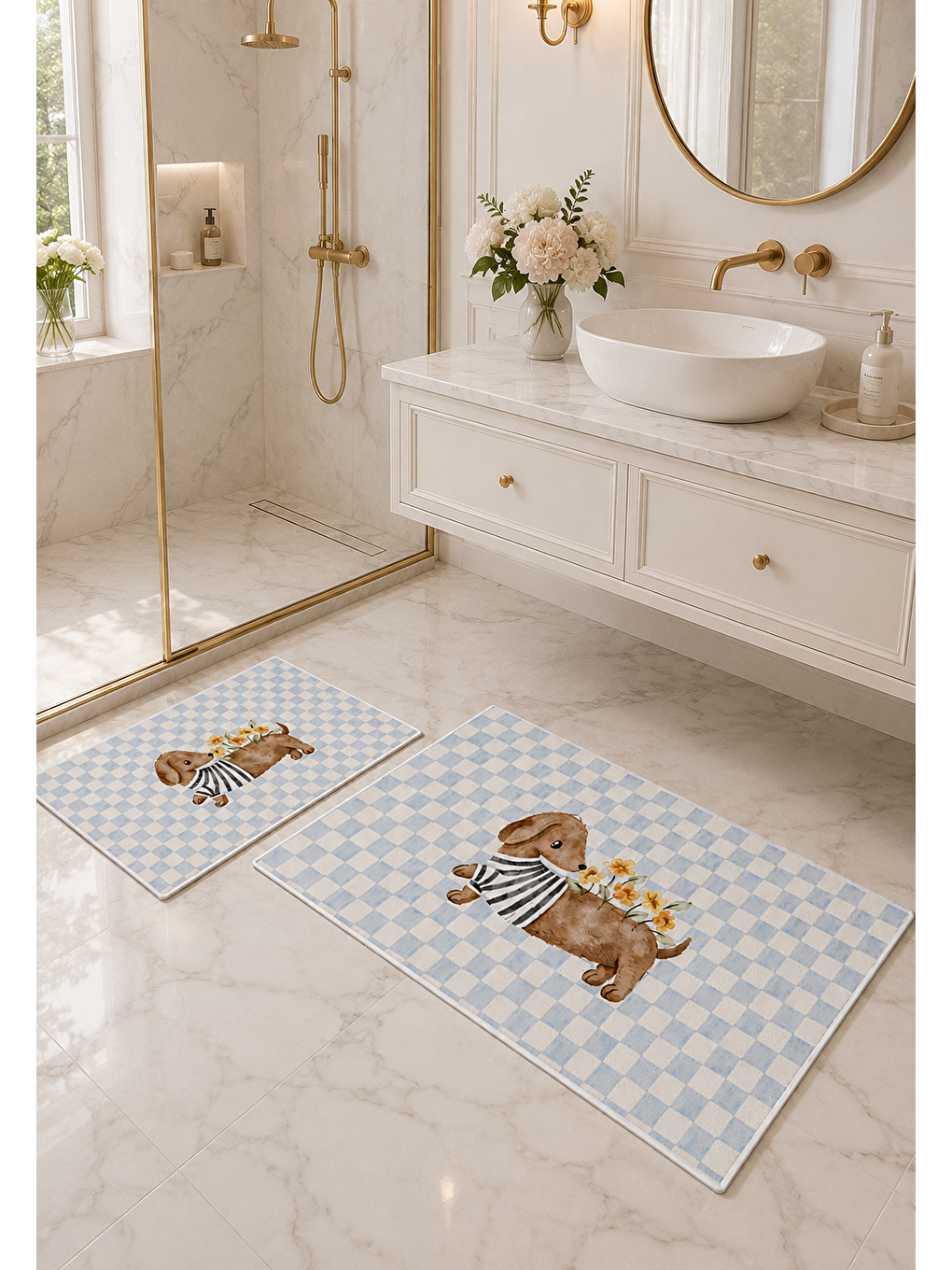 Kedi Desenli Kaymaz Taban Banyo Paspası 2’li Set Mavi Beyaz Kareli Çocuk Banyo Halısı-6