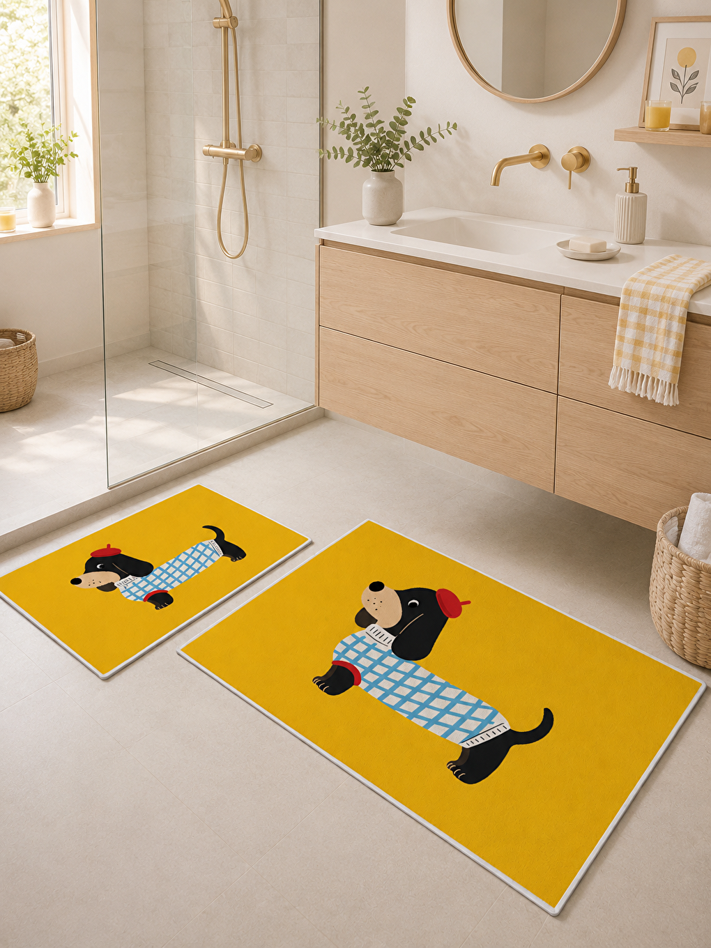 Sarı Kız Figürlü Kaymaz Taban Banyo Paspası 2’li Set Modern Çocuk Banyo Halısı-7