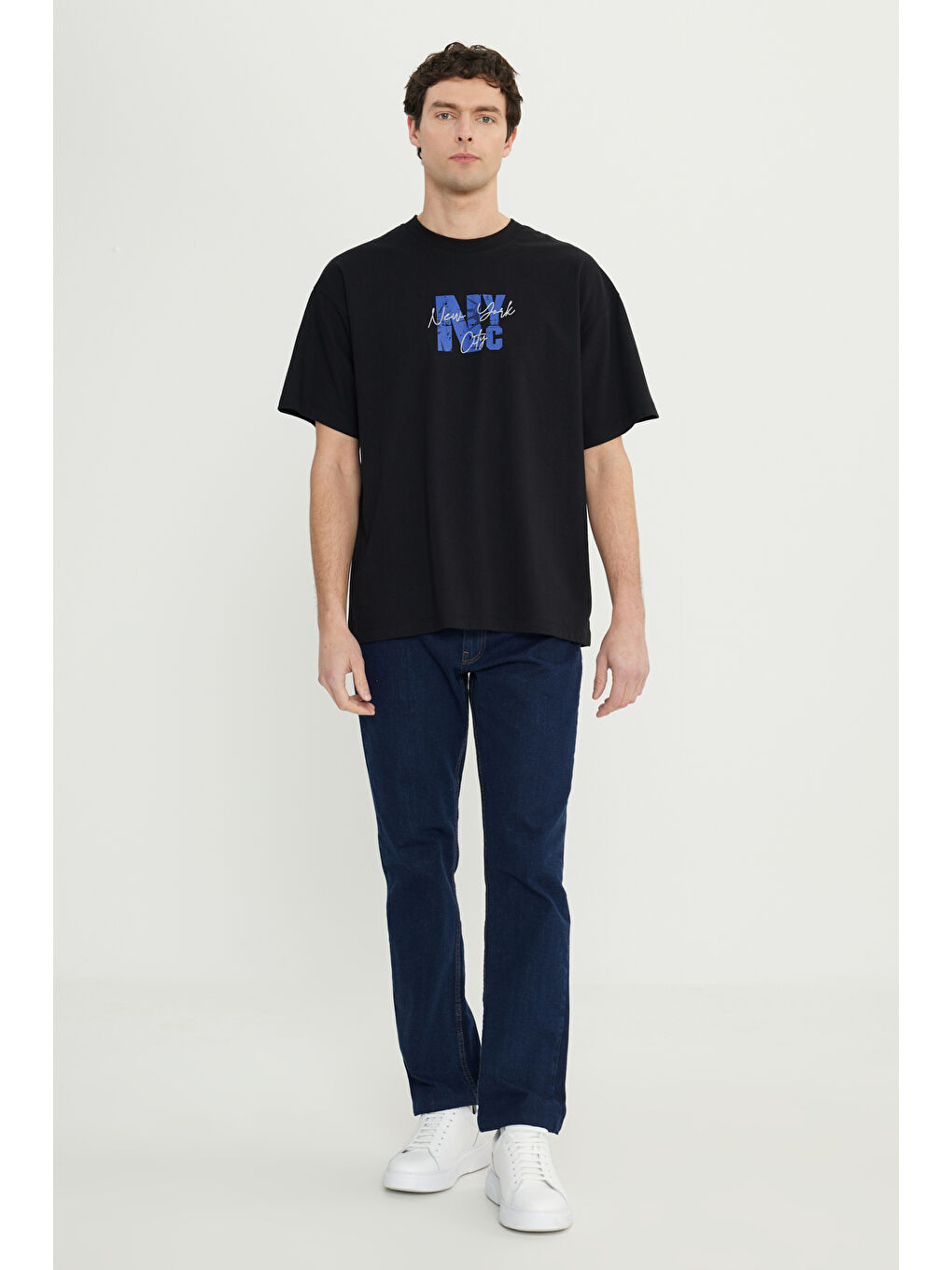 Erkek Siyah-Lacivert Oversize %100 Pamuk Geniş Kesim Baskılı Bisiklet Yaka Tişört-1