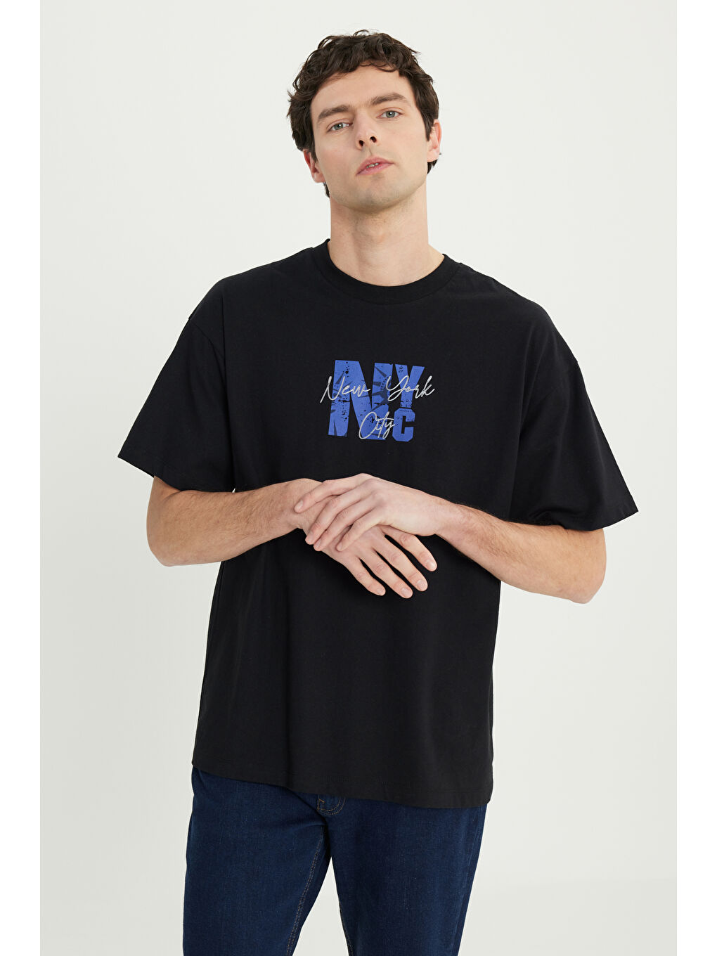 Erkek Siyah-Lacivert Oversize %100 Pamuk Geniş Kesim Baskılı Bisiklet Yaka Tişört-2