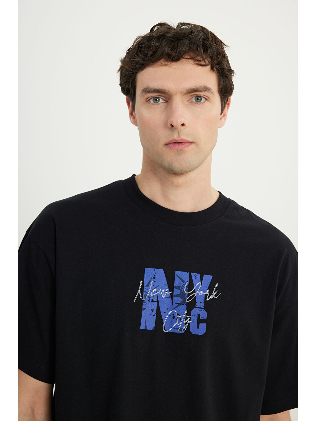 Erkek Siyah-Lacivert Oversize %100 Pamuk Geniş Kesim Baskılı Bisiklet Yaka Tişört-3