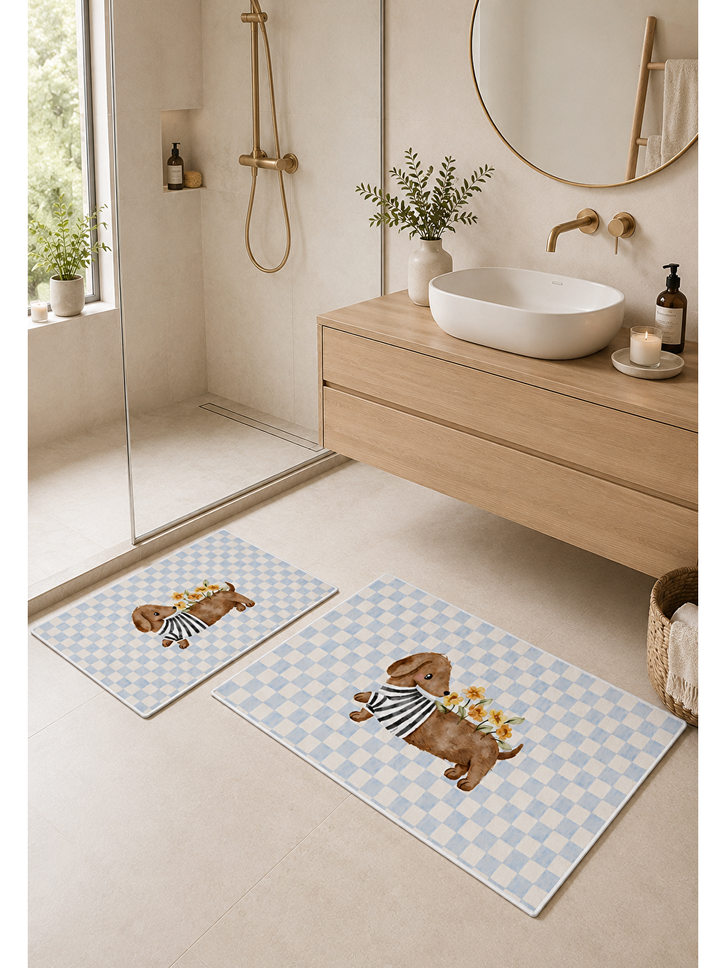 Kedi Desenli Kaymaz Taban Banyo Paspası 2’li Set Mavi Beyaz Kareli Çocuk Banyo Halısı-7