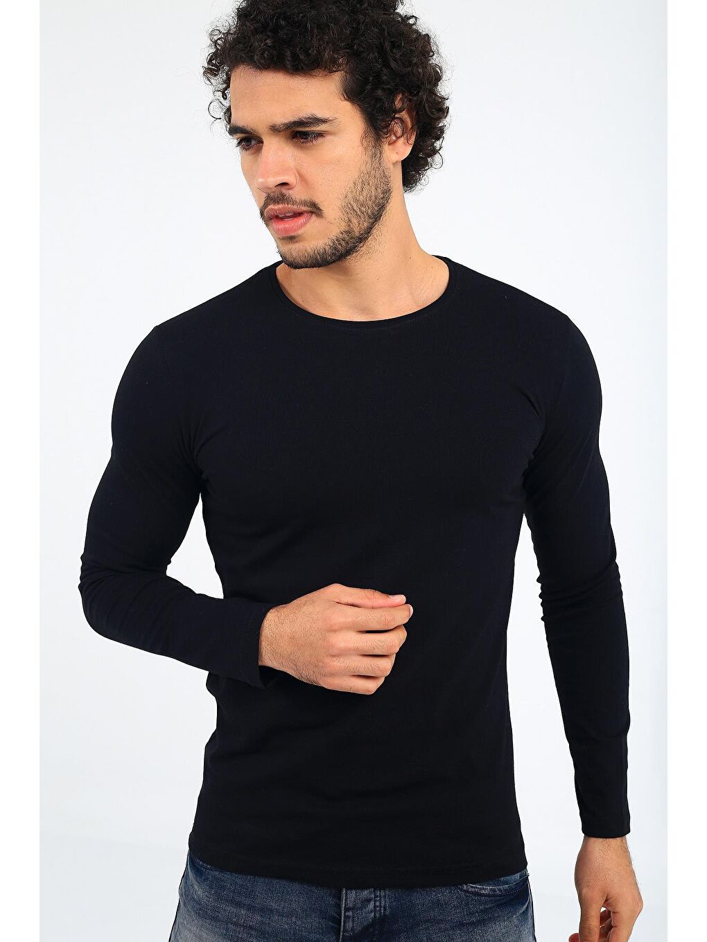 Siyah Mys Lion 4013 Slim Fit Likralı Uzun Kol Basic Tişört-1