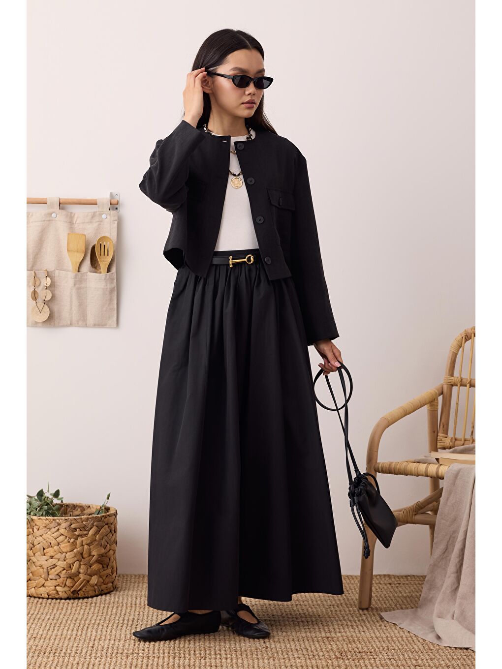 Büzgülü Kanvas Etek Siyah