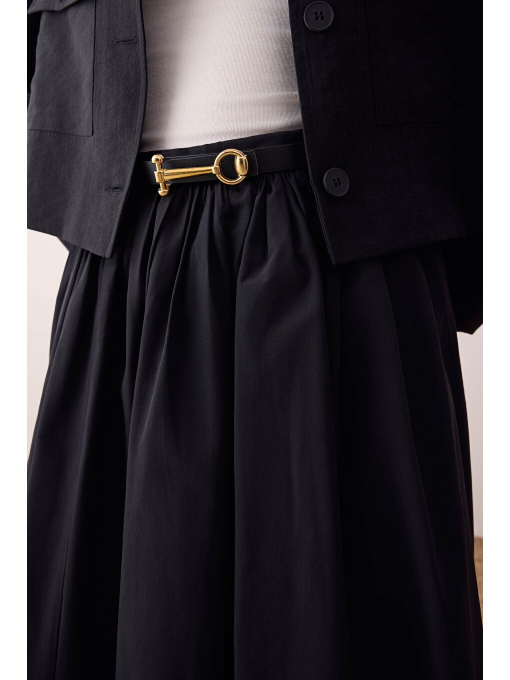 Büzgülü Kanvas Etek Siyah-1