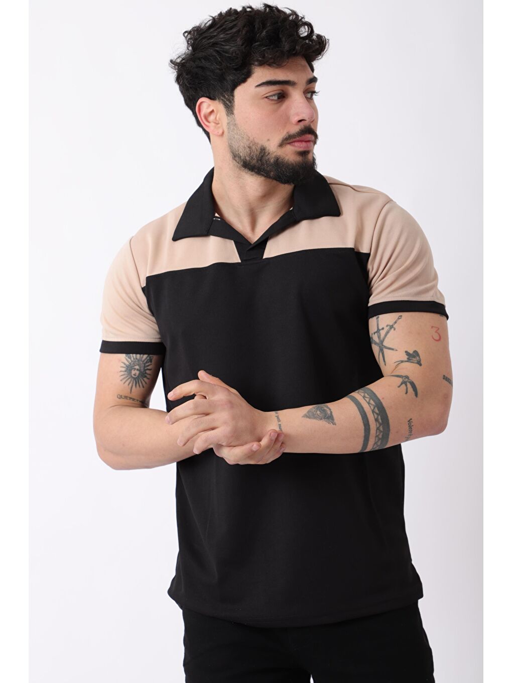 Bej Parçalı Apaç Yaka Erkek Tişört JS C-007_30415-1