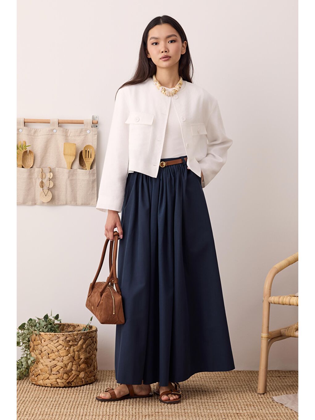 Büzgülü Kanvas Etek Ofis Lacivert-1