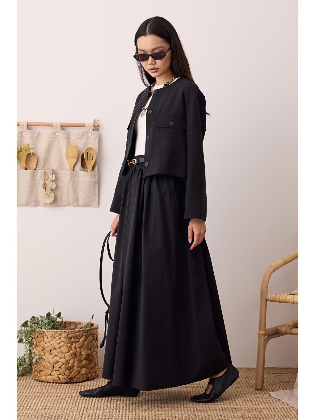 Büzgülü Kanvas Etek Siyah-3