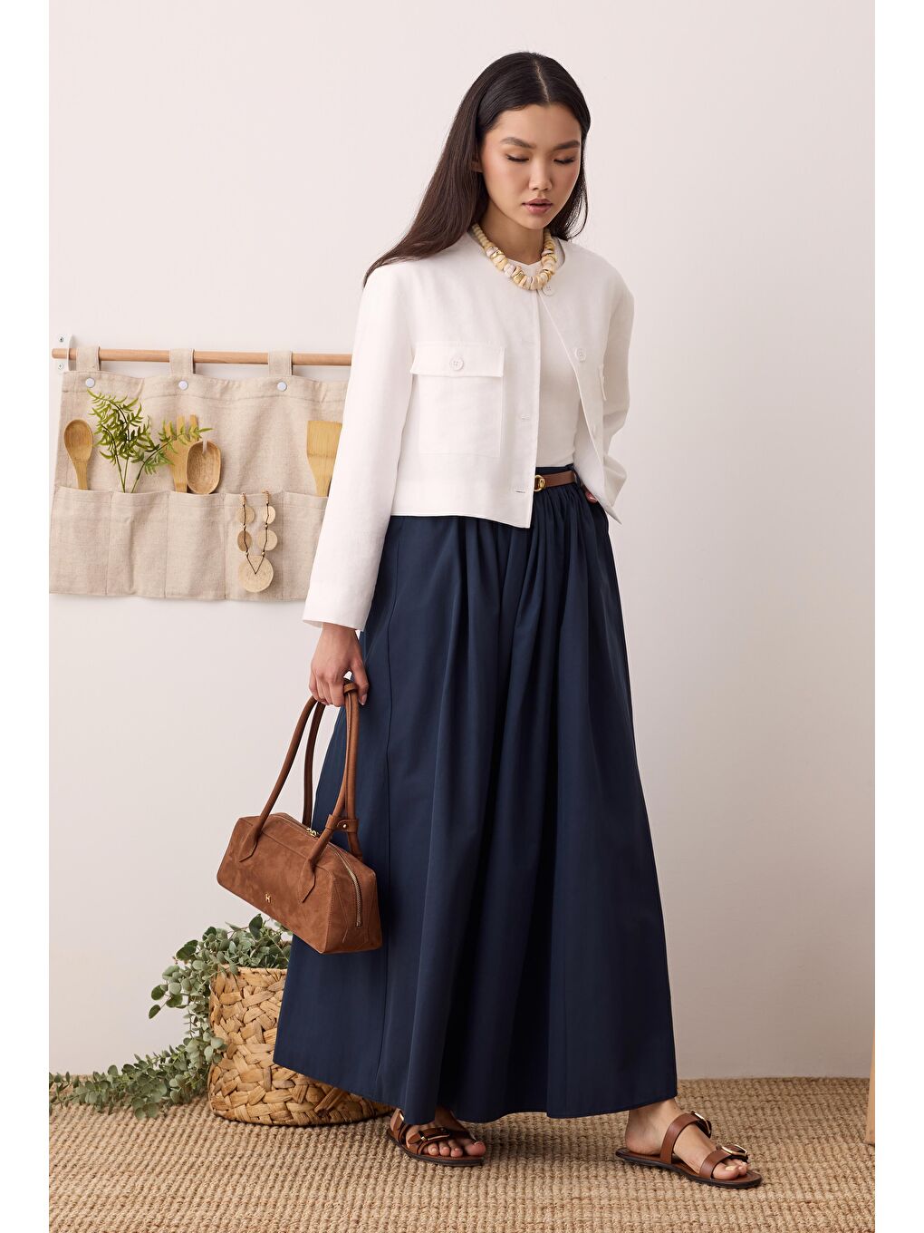 Büzgülü Kanvas Etek Ofis Lacivert-2