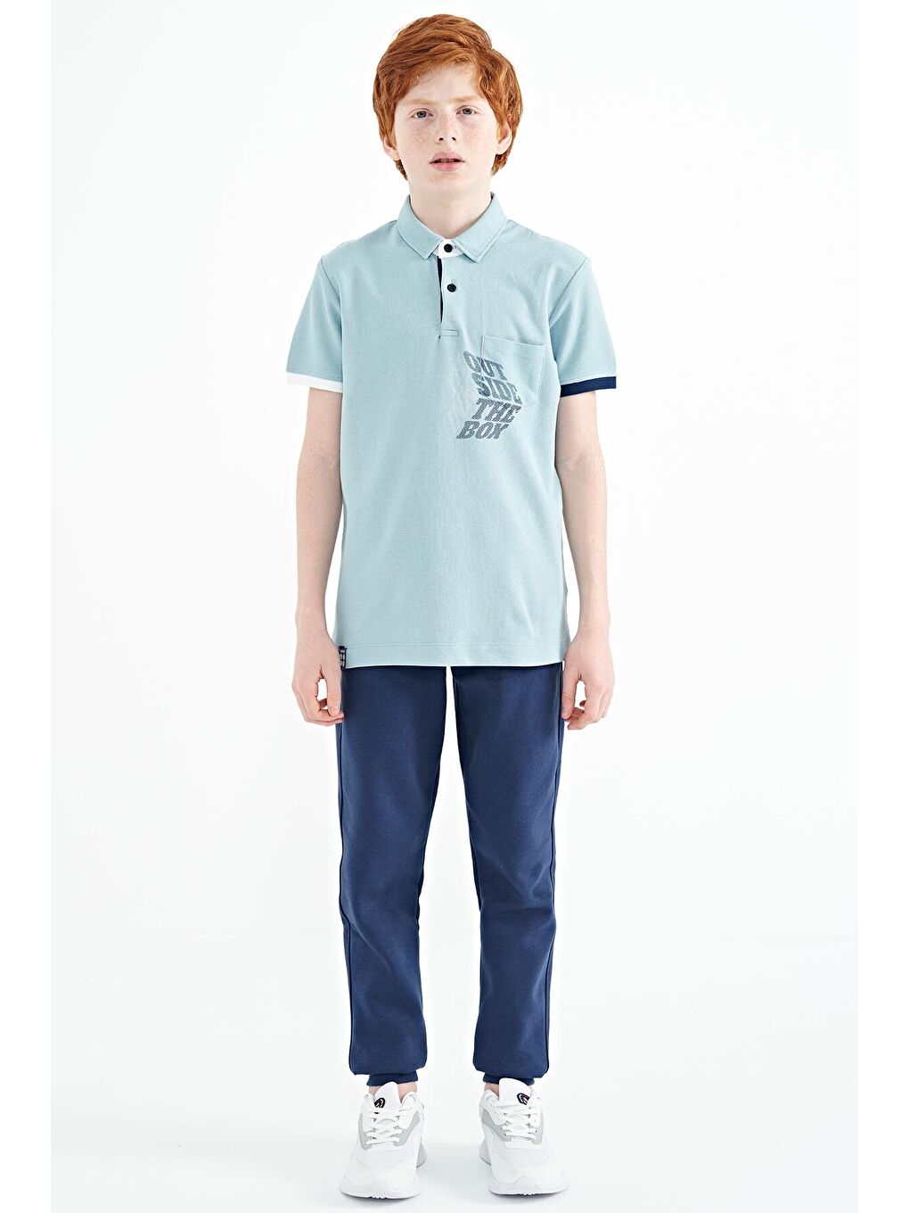Açık Mavi Ön Cep Detaylı Baskılı Standart Kalıp Polo Yaka Erkek Çocuk Tişört - 11102
