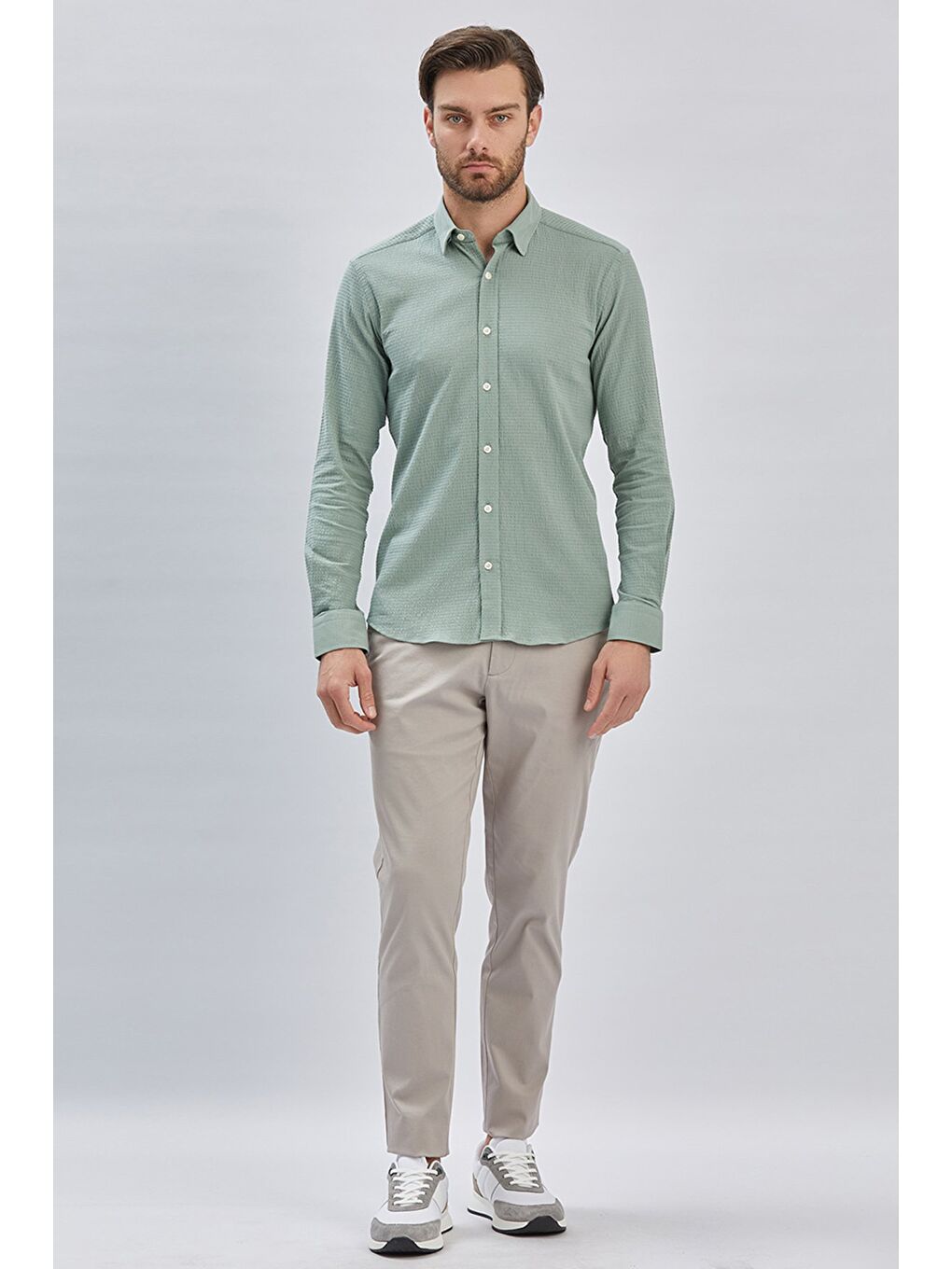 İMZA Açık Yeşil Uzun Kollu Biritli Yaka Biyeli Pamuklu Elastanlı Casual Slim Fit Gömlek 1004240232