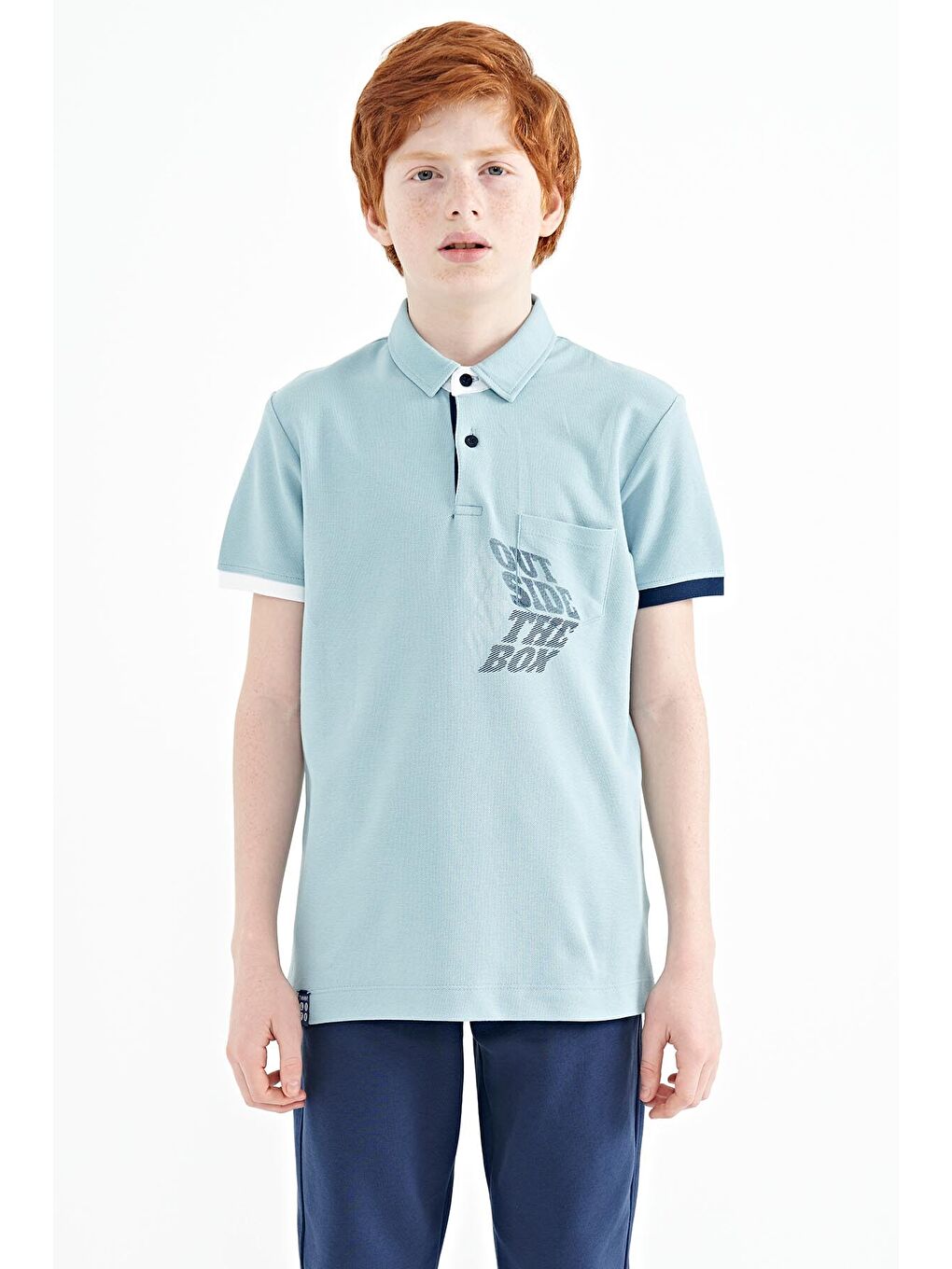 Açık Mavi Ön Cep Detaylı Baskılı Standart Kalıp Polo Yaka Erkek Çocuk Tişört - 11102-1