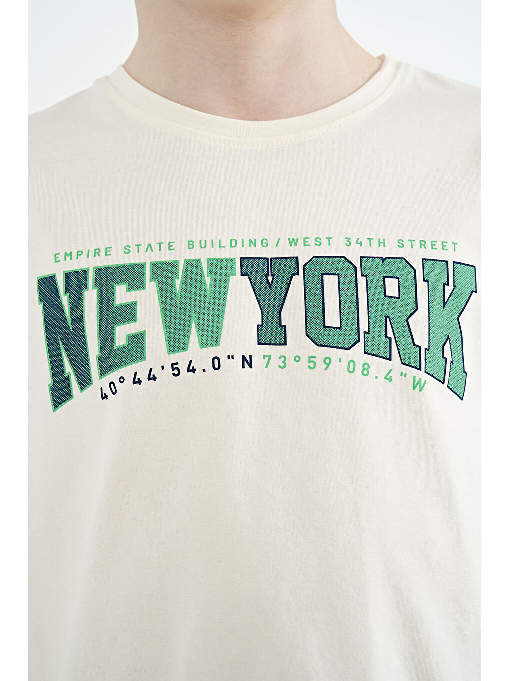 Ekru Yazı Baskılı Standart Kalıp O Yaka Erkek  Çocuk Tişört - 11105-3