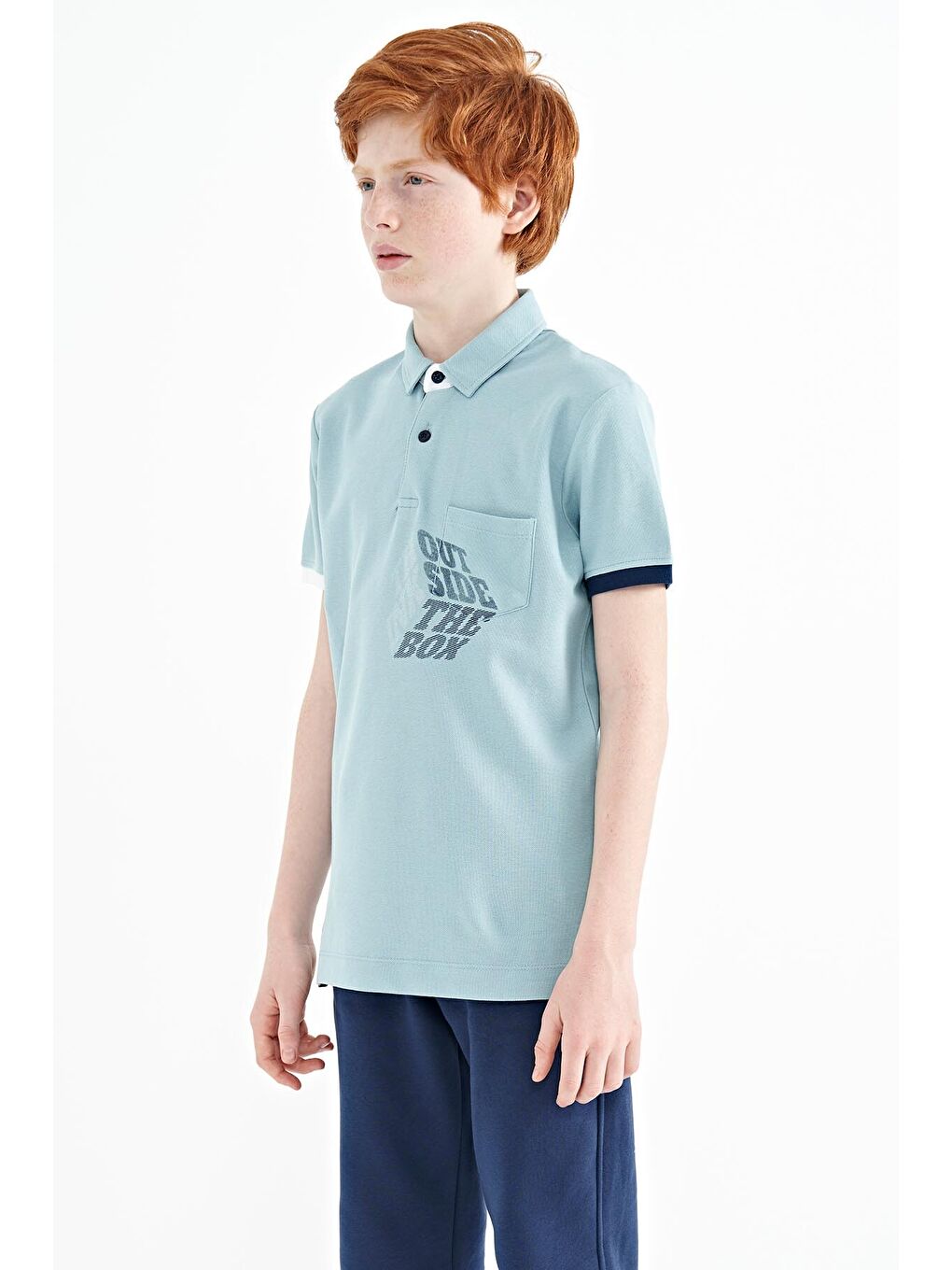 Açık Mavi Ön Cep Detaylı Baskılı Standart Kalıp Polo Yaka Erkek Çocuk Tişört - 11102-2