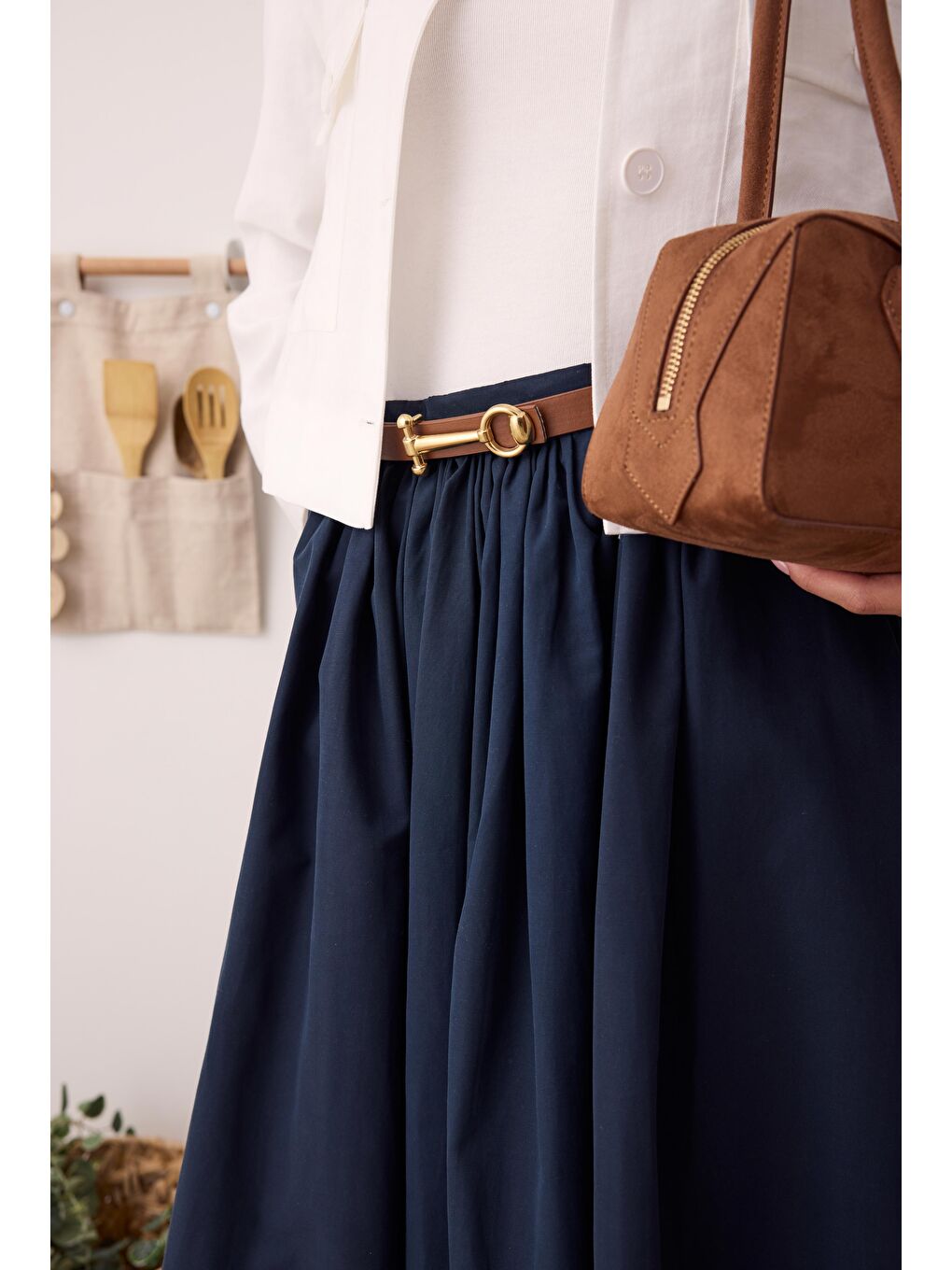 Büzgülü Kanvas Etek Ofis Lacivert-4