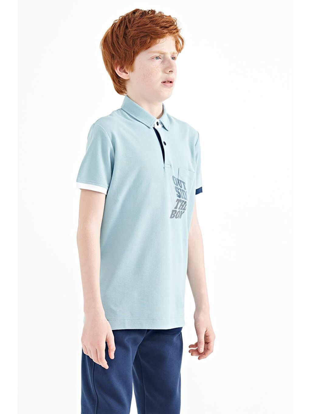 Açık Mavi Ön Cep Detaylı Baskılı Standart Kalıp Polo Yaka Erkek Çocuk Tişört - 11102-3