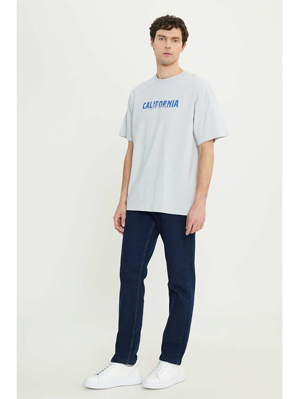 Erkek Gri-Mavi Oversize %100 Pamuk Geniş Kesim Baskılı Bisiklet Yaka Tişört-1