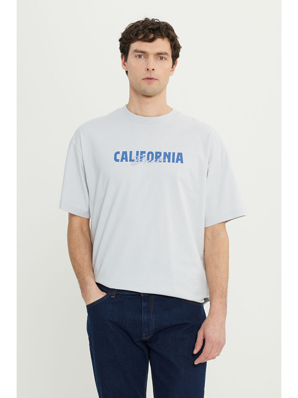 Erkek Gri-Mavi Oversize %100 Pamuk Geniş Kesim Baskılı Bisiklet Yaka Tişört-2