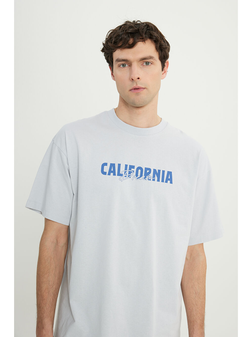 Erkek Gri-Mavi Oversize %100 Pamuk Geniş Kesim Baskılı Bisiklet Yaka Tişört-3