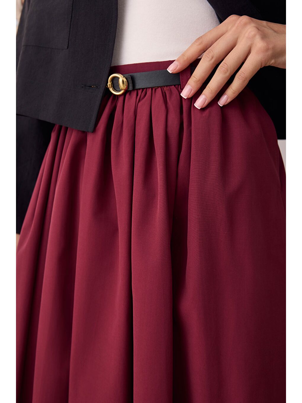 Kırmızı Büzgülü Kanvas Etek Vişne-1