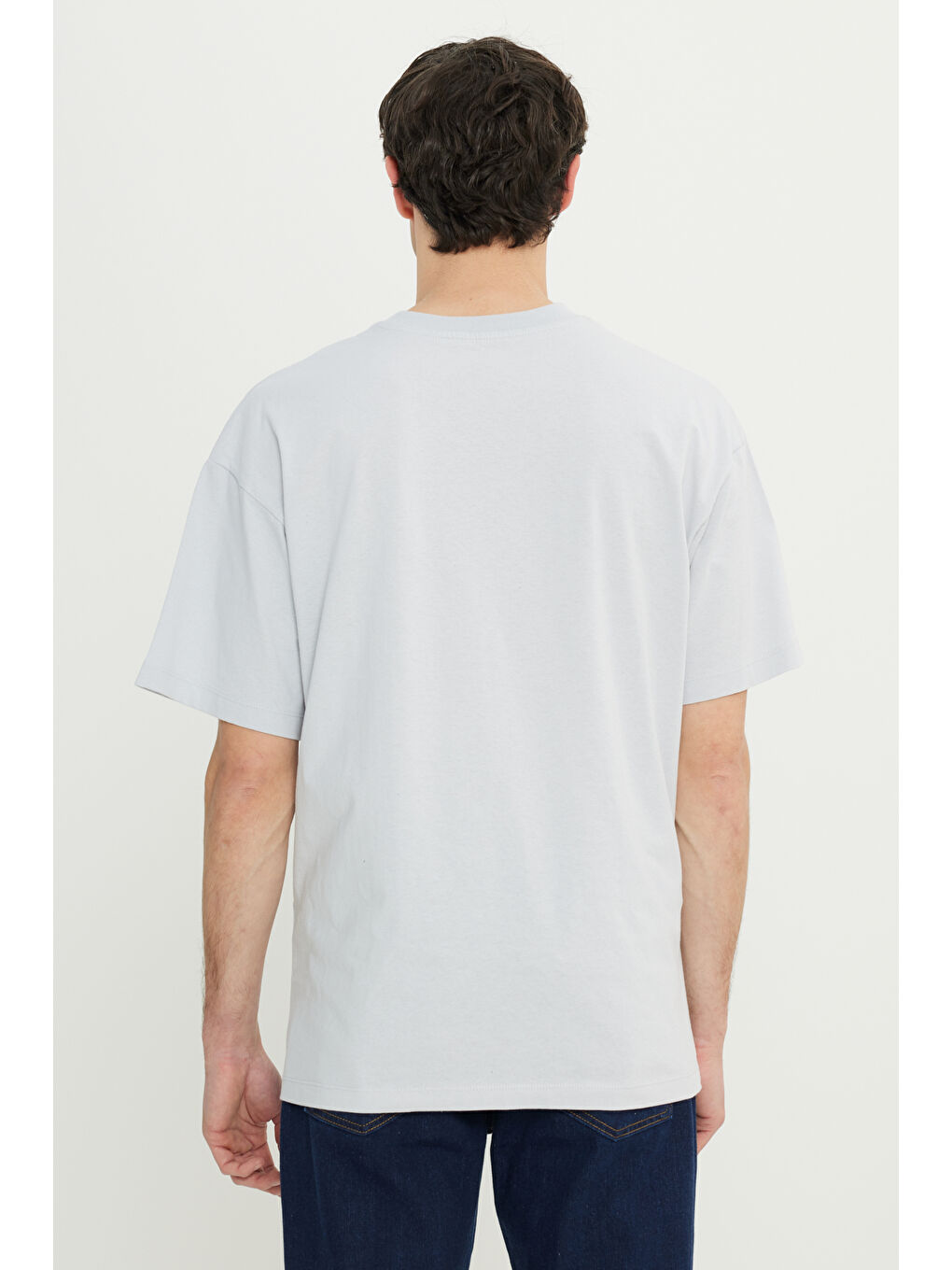 Erkek Gri-Mavi Oversize %100 Pamuk Geniş Kesim Baskılı Bisiklet Yaka Tişört-4