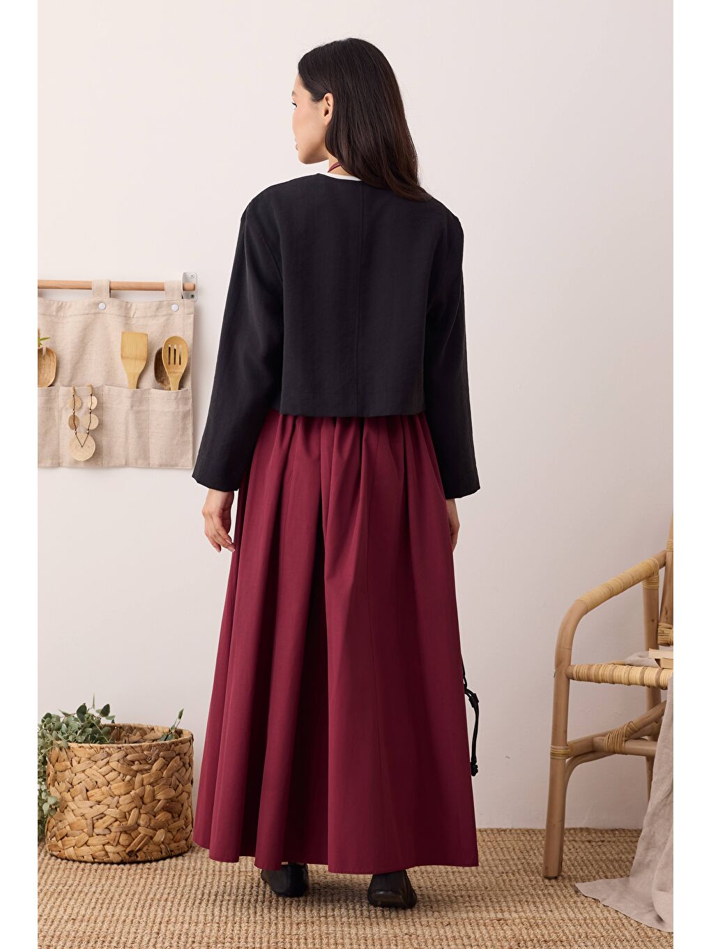 Kırmızı Büzgülü Kanvas Etek Vişne-2