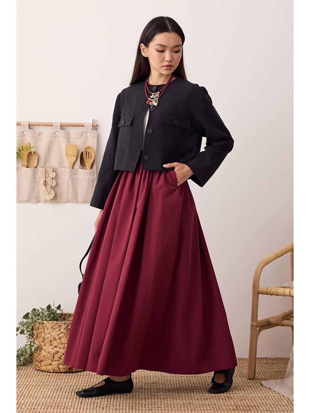 Kırmızı Büzgülü Kanvas Etek Vişne-3