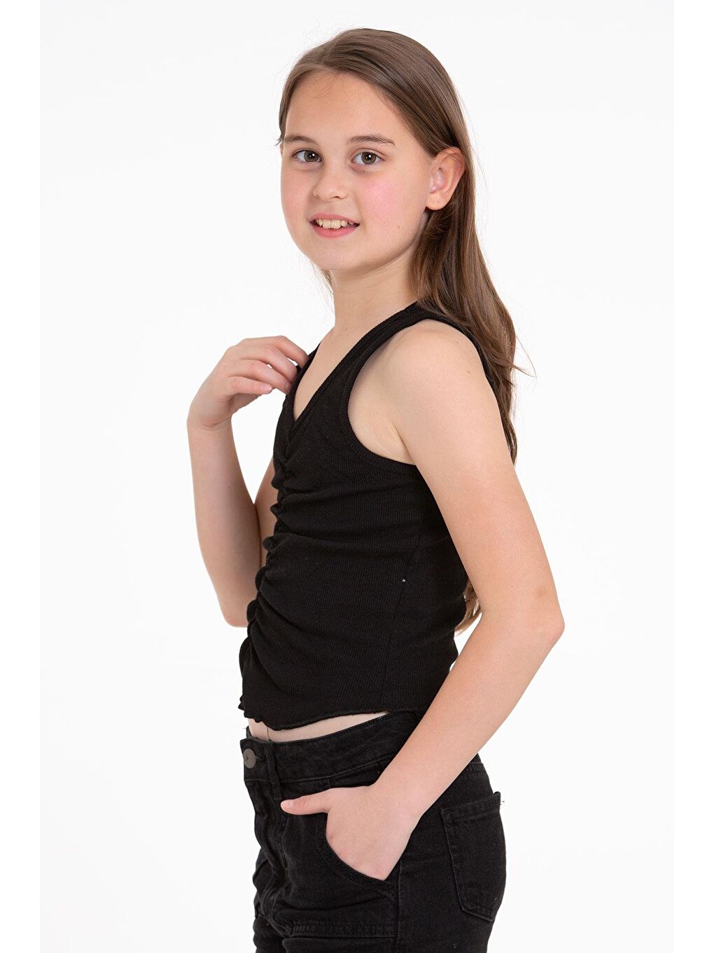 Sıfır Kol V Yaka Büzgülü Siyah Renk Kız Çocuk Tshirt-3