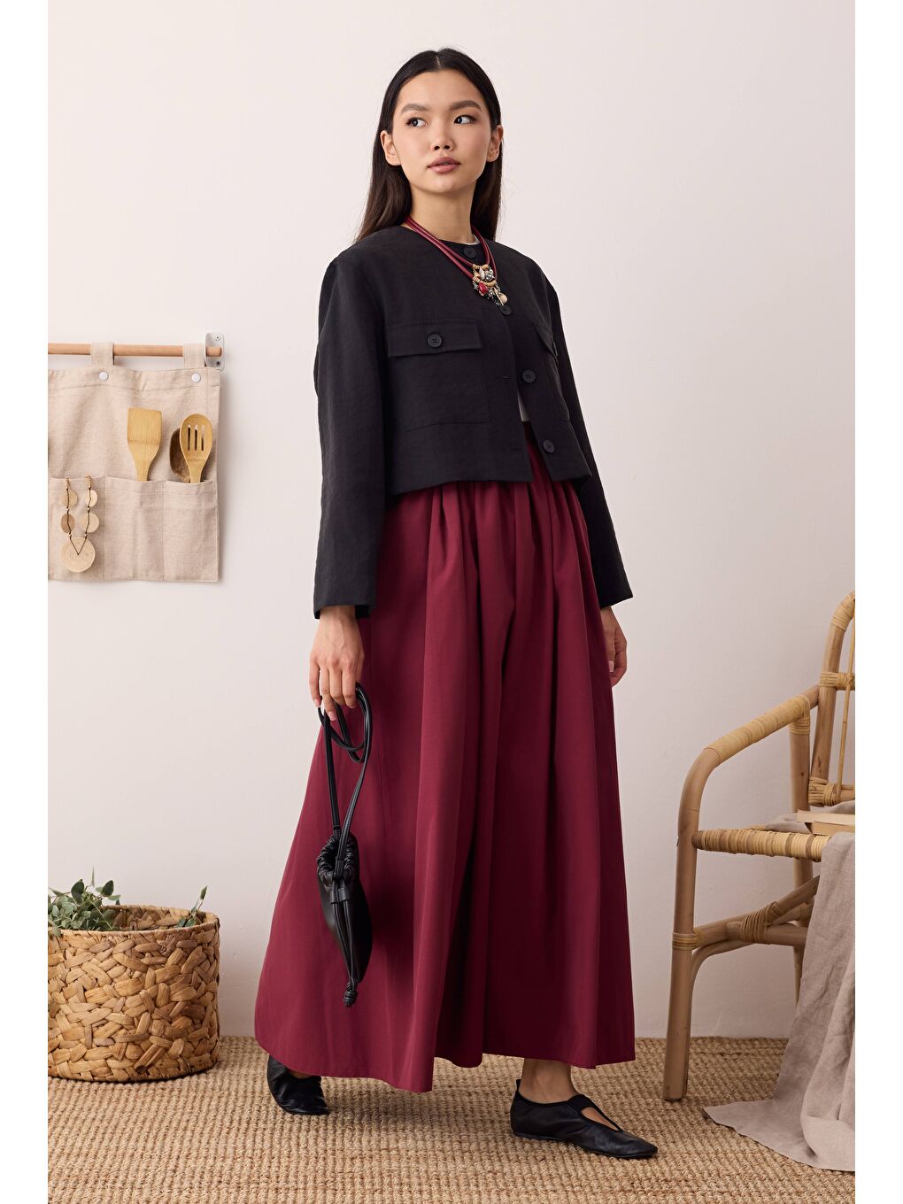 Kırmızı Büzgülü Kanvas Etek Vişne-4